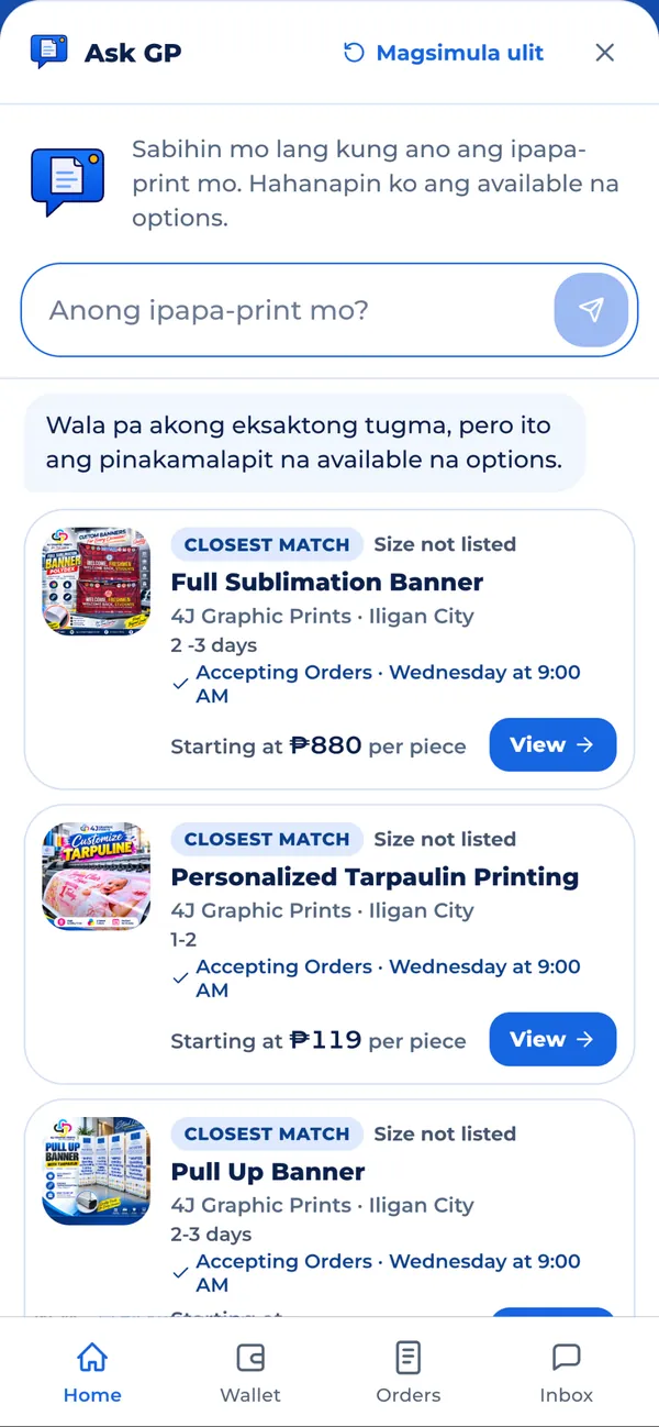 Ask GP showing the closest matching tarpaulin listings from a local print shop, with starting prices.